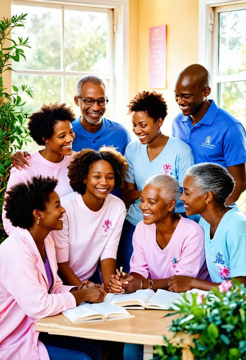 A warm, inviting scene depicting diverse individuals supporting each other in a cozy community setting, with subtle symbols of hope like pink ribbons and healing plants around them. Soft lighting illuminates their smiles as they share stories and laughter, showcasing unity in the face of cancer challenges. Include elements of education, like books and informational posters in the background, to reflect awareness. watercolor painting. vibrant colors. gentle brush strokes.