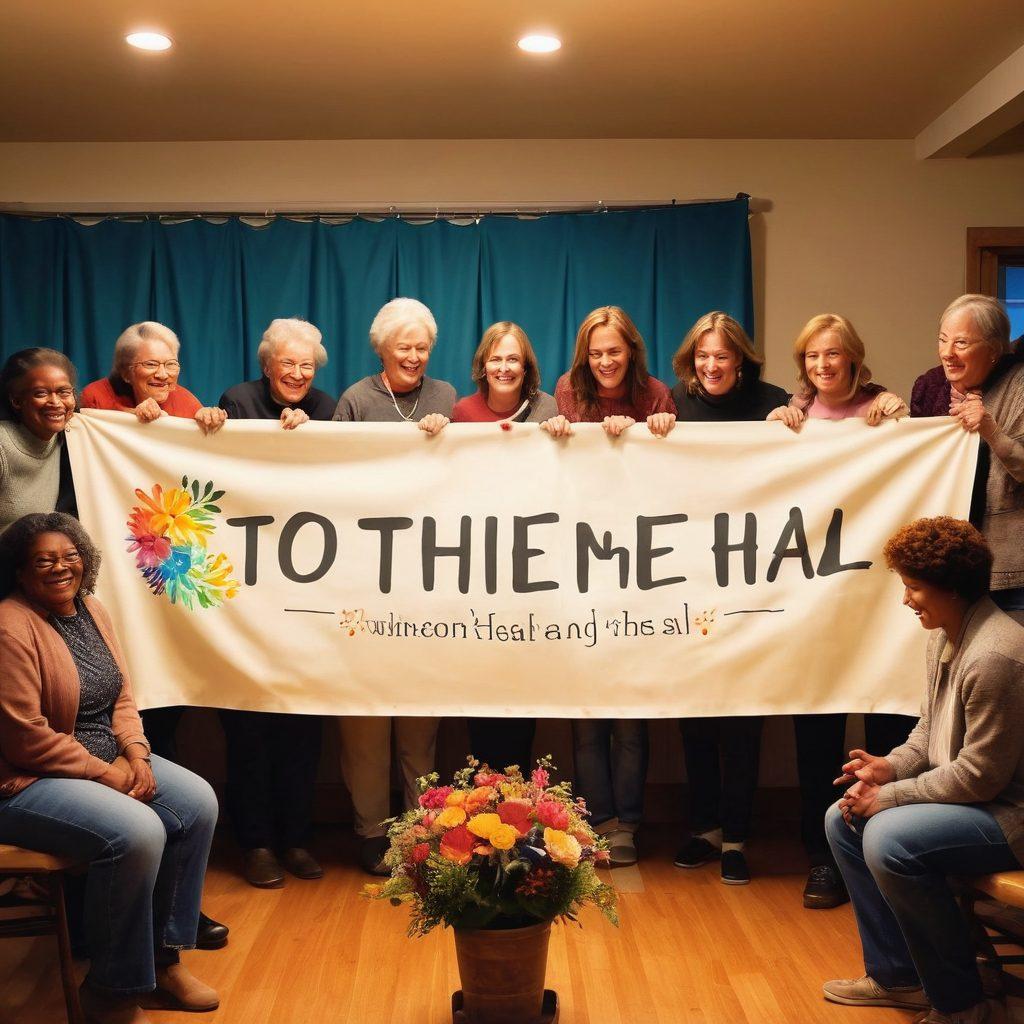 A heartwarming scene depicting a diverse group of people supporting one another in a cozy community center, with a banner that reads 'Together We Heal.' Include elements of hope, such as bright flowers and warm lighting, representing recovery and connection. Show individuals of various ages and backgrounds sharing stories, laughter, and comforting gestures. Emphasize a sense of unity and strength. vibrant colors. warm lighting.